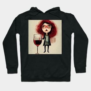 Woman wearing glasses and standing with her big glass of red wine. Hoodie